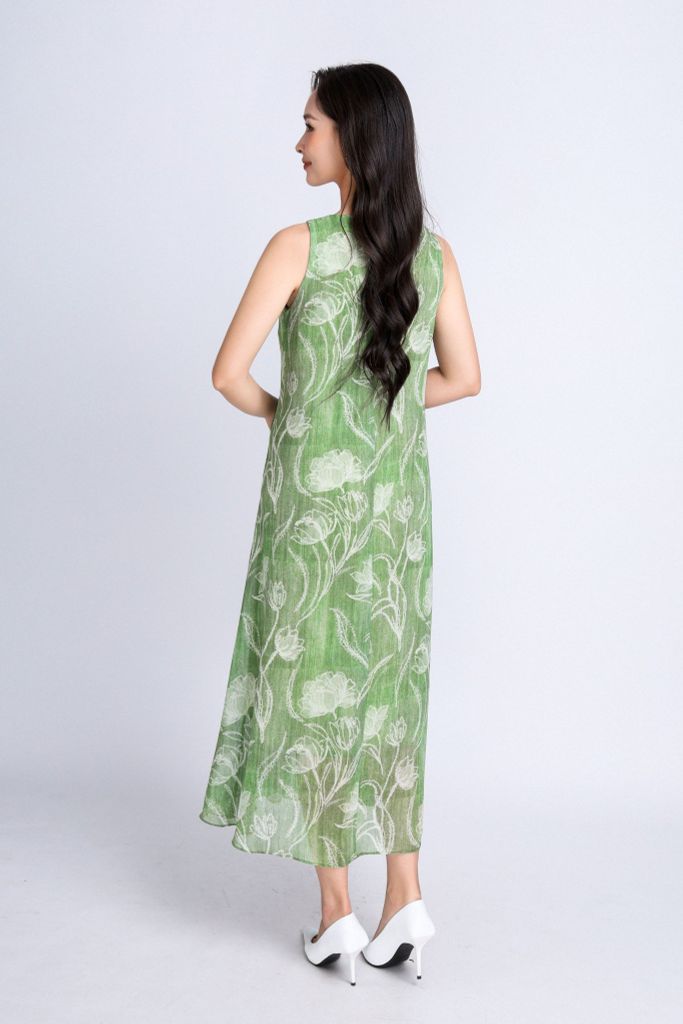 FDP33280 - Đầm dạo phố vải chiffont dáng xoè có lót vải habutai cổ tròn thân rút nhún eo tạo kiểu - PANTIO