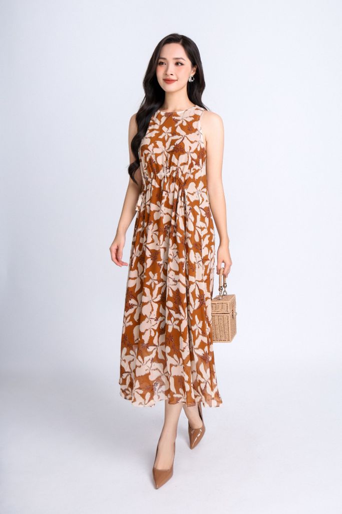 FDP33280 - Đầm dạo phố vải chiffont dáng xoè có lót vải habutai cổ tròn thân rút nhún eo tạo kiểu - PANTIO