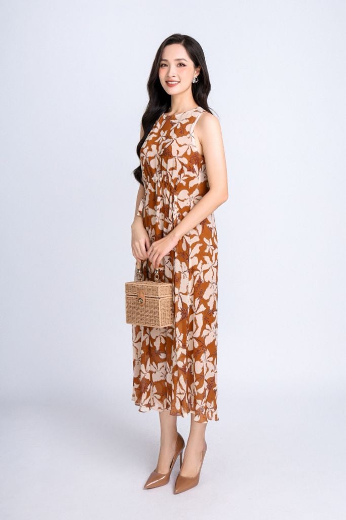 FDP33280 - Đầm dạo phố vải chiffont dáng xoè có lót vải habutai cổ tròn thân rút nhún eo tạo kiểu - PANTIO