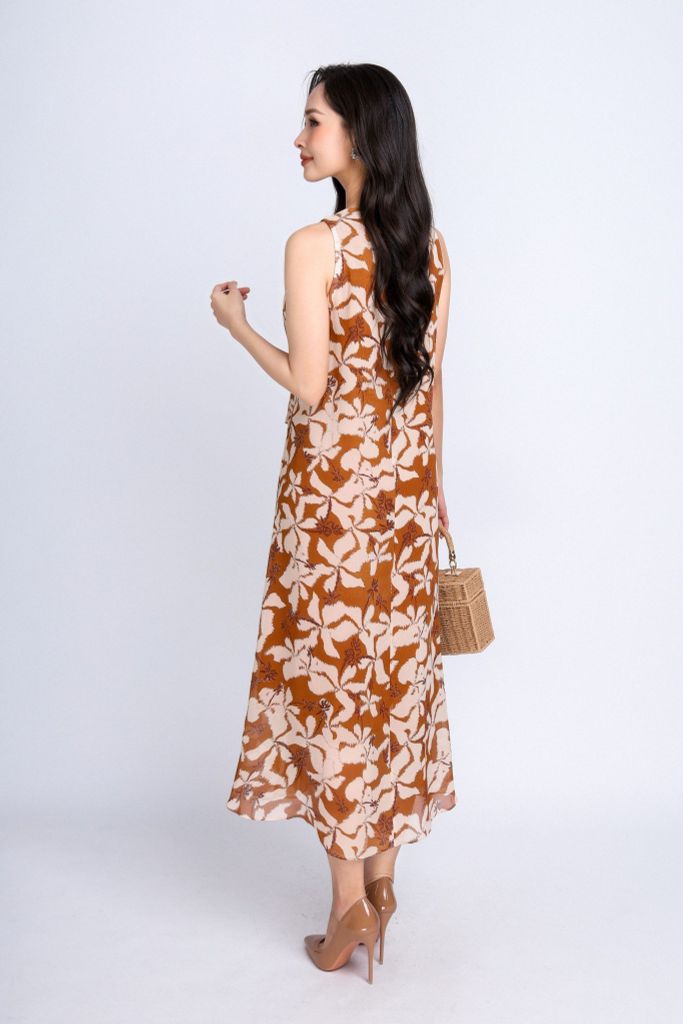FDP33280 - Đầm dạo phố vải chiffont dáng xoè có lót vải habutai cổ tròn thân rút nhún eo tạo kiểu - PANTIO