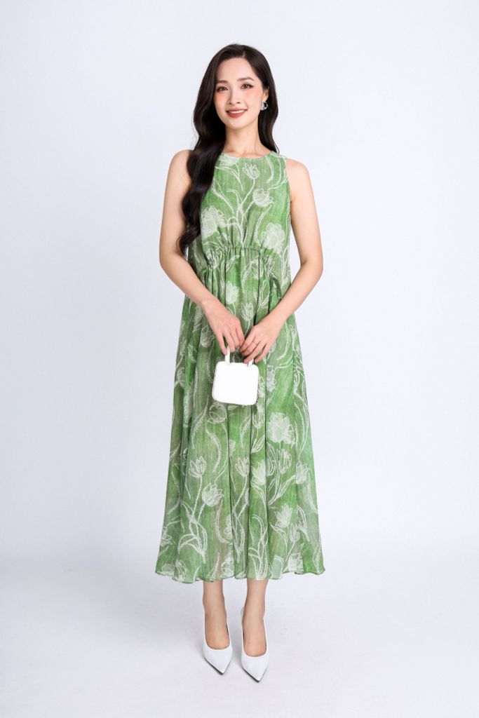 FDP33280 - Đầm dạo phố vải chiffont dáng xoè có lót vải habutai cổ tròn thân rút nhún eo tạo kiểu - PANTIO