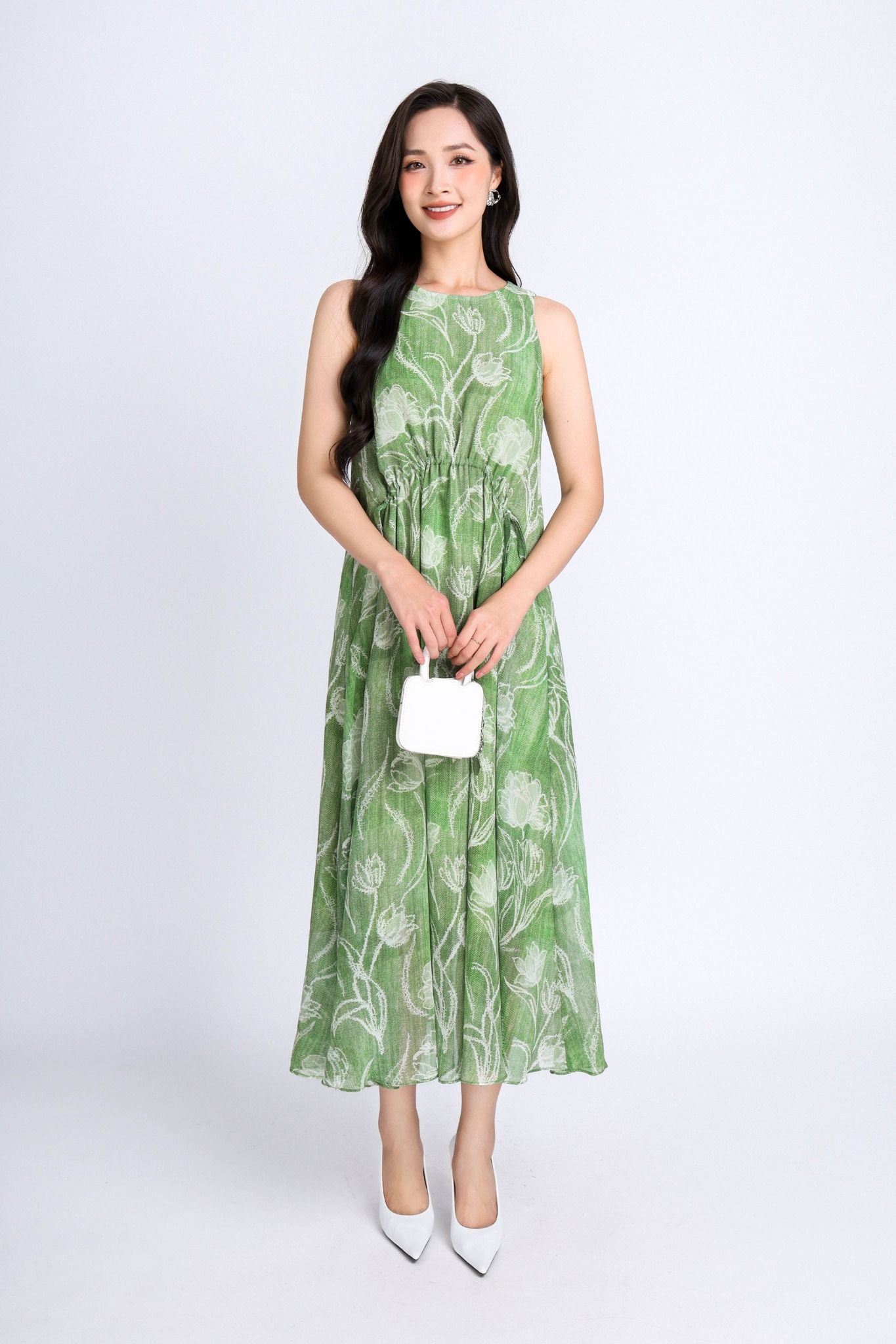 FDP33280 - Đầm dạo phố vải chiffont dáng xoè có lót vải habutai cổ tròn thân rút nhún eo tạo kiểu - PANTIO