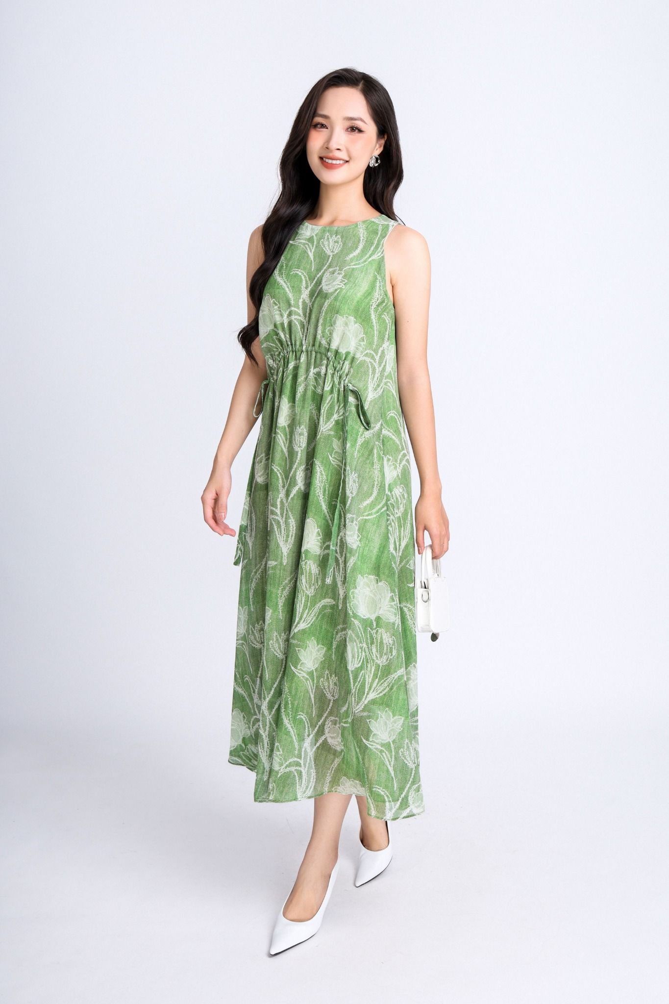 FDP33280 - Đầm dạo phố vải chiffont dáng xoè có lót vải habutai cổ tròn thân rút nhún eo tạo kiểu - PANTIO