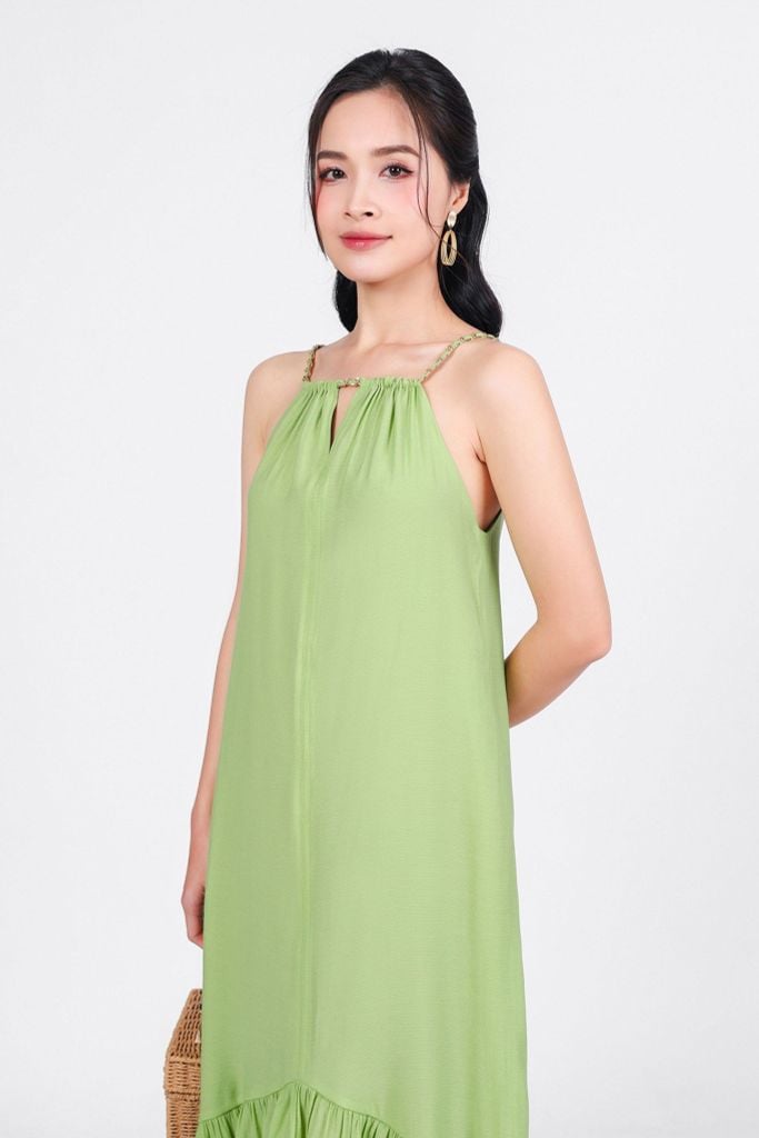 FDP33281 - Đầm dạo phố vải tơ dáng suông cổ phối dây xích gấu váy nhún ly tạo xoè - PANTIO