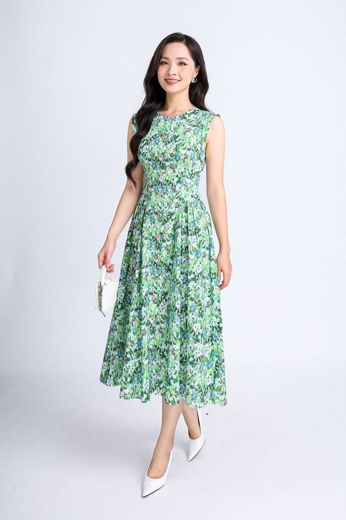 FDP33288 -  Đầm dạo phố vải thô dáng xoè có lót vải habutai cổ tròn vai chờm thân phối cúc gỗ trang trí khoá thân sau - PANTIO