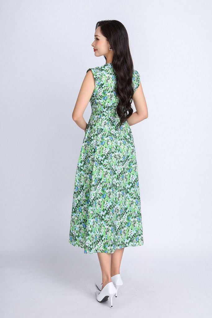 FDP33288 -  Đầm dạo phố vải thô dáng xoè có lót vải habutai cổ tròn vai chờm thân phối cúc gỗ trang trí khoá thân sau - PANTIO