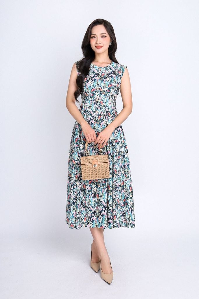 FDP33288 -  Đầm dạo phố vải thô dáng xoè có lót vải habutai cổ tròn vai chờm thân phối cúc gỗ trang trí khoá thân sau - PANTIO