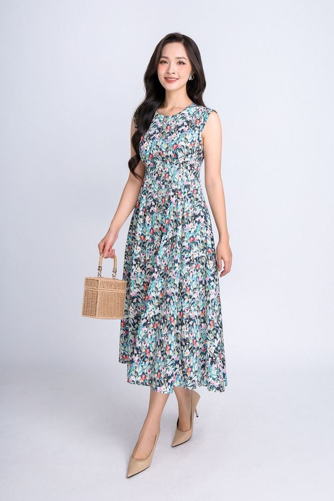 FDP33288 -  Đầm dạo phố vải thô dáng xoè có lót vải habutai cổ tròn vai chờm thân phối cúc gỗ trang trí khoá thân sau - PANTIO