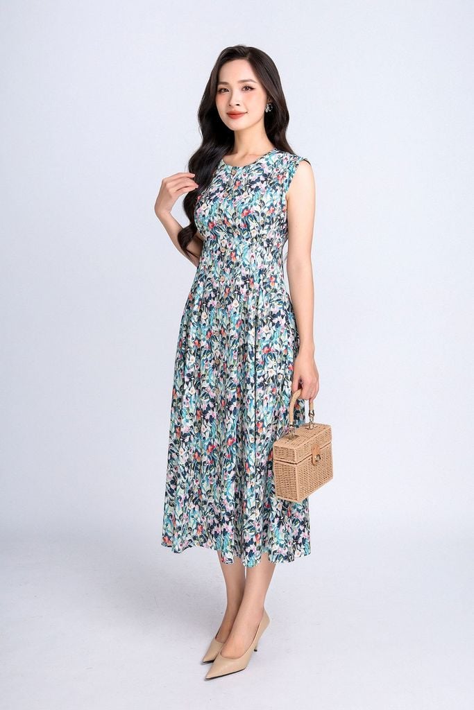 FDP33288 -  Đầm dạo phố vải thô dáng xoè có lót vải habutai cổ tròn vai chờm thân phối cúc gỗ trang trí khoá thân sau - PANTIO