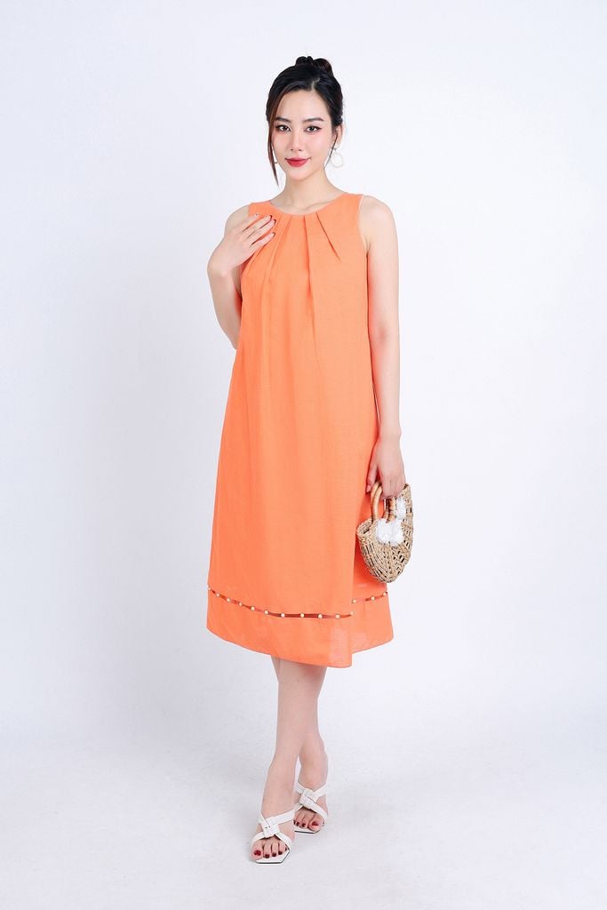 FDP33295 - Đầm dạo phố vải Linen hai lớp lót vải boi dáng suông cổ tròn xếp nhún tạo kiểu gấu váy đính hạt trang trí - PANTIO