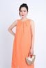 FDP33295 - Đầm dạo phố vải Linen hai lớp lót vải boi dáng suông cổ tròn xếp nhún tạo kiểu gấu váy đính hạt trang trí - PANTIO