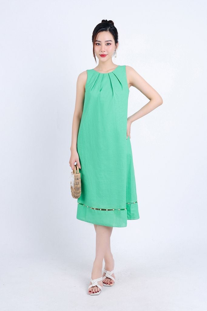 FDP33295 - Đầm dạo phố vải Linen hai lớp lót vải boi dáng suông cổ tròn xếp nhún tạo kiểu gấu váy đính hạt trang trí - PANTIO