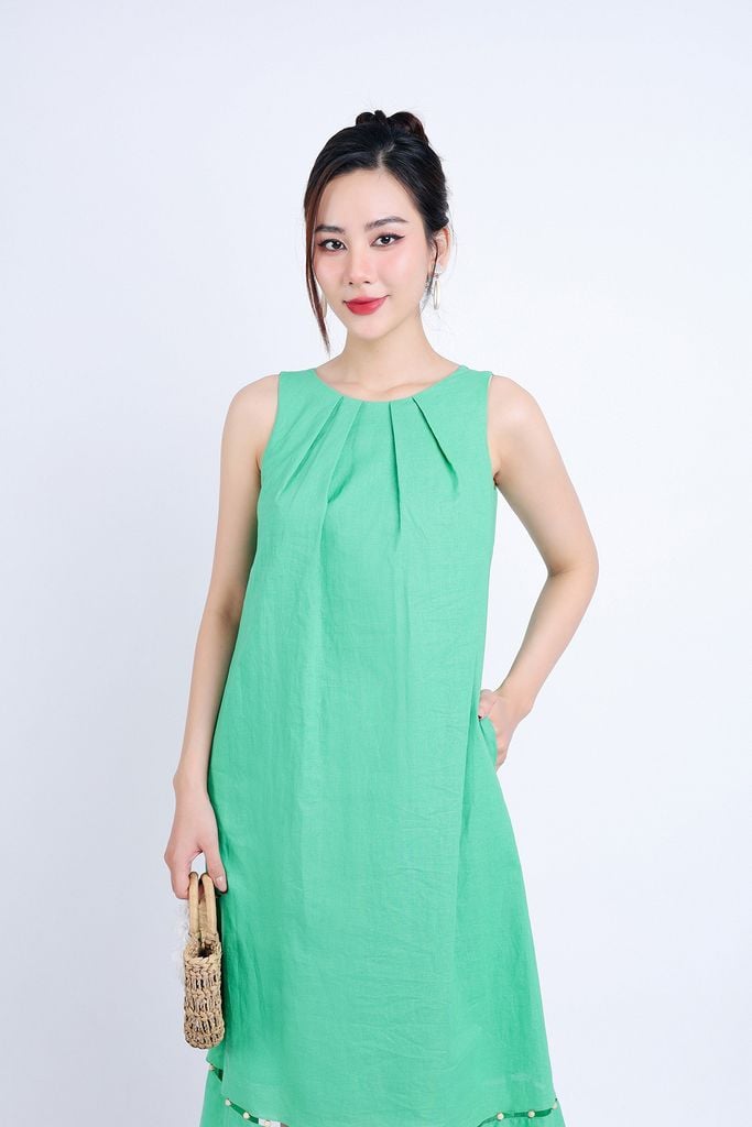 FDP33295 - Đầm dạo phố vải Linen hai lớp lót vải boi dáng suông cổ tròn xếp nhún tạo kiểu gấu váy đính hạt trang trí - PANTIO