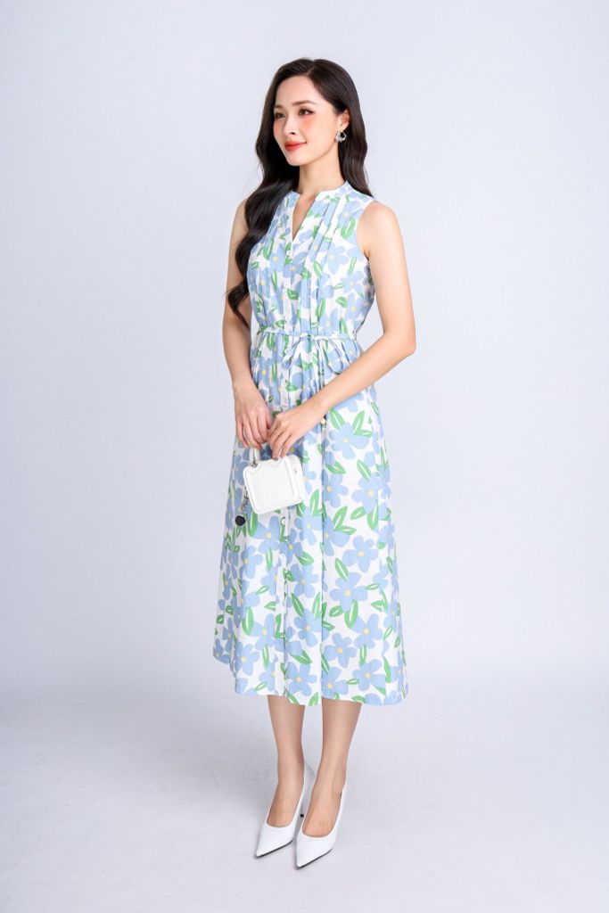 FDP33297 - Đầm dạo phố vải thô kate dáng suông cổ tròn xẻ V phối ly trang trí kèm dây thắt eo tạo kiểu - PANTIO