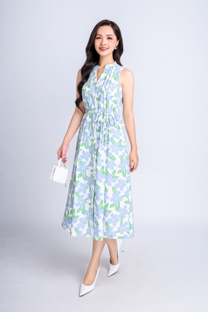 FDP33297 - Đầm dạo phố vải thô kate dáng suông cổ tròn xẻ V phối ly trang trí kèm dây thắt eo tạo kiểu - PANTIO