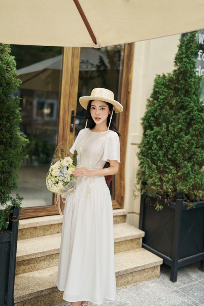 FDP33314 - Đầm dạo phố vải tơ dáng xoè có lót vải habutai cổ tròn tay cánh tiên vạt lệch tạo kiểu kèm đai tết trang trí khoá thân sau - PANTIO