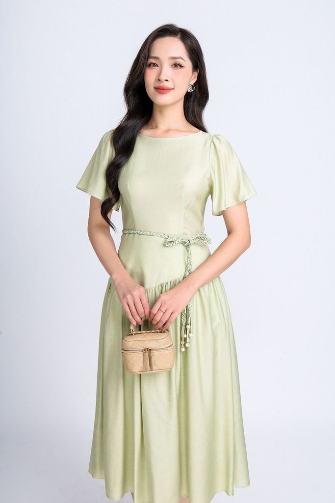 FDP33314 - Đầm dạo phố vải tơ dáng xoè có lót vải habutai cổ tròn tay cánh tiên vạt lệch tạo kiểu kèm đai tết trang trí khoá thân sau - PANTIO