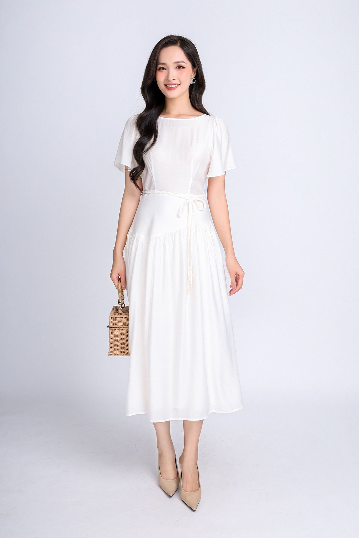 FDP33314 - Đầm dạo phố vải tơ dáng xoè có lót vải habutai cổ tròn tay cánh tiên vạt lệch tạo kiểu kèm đai tết trang trí khoá thân sau - PANTIO