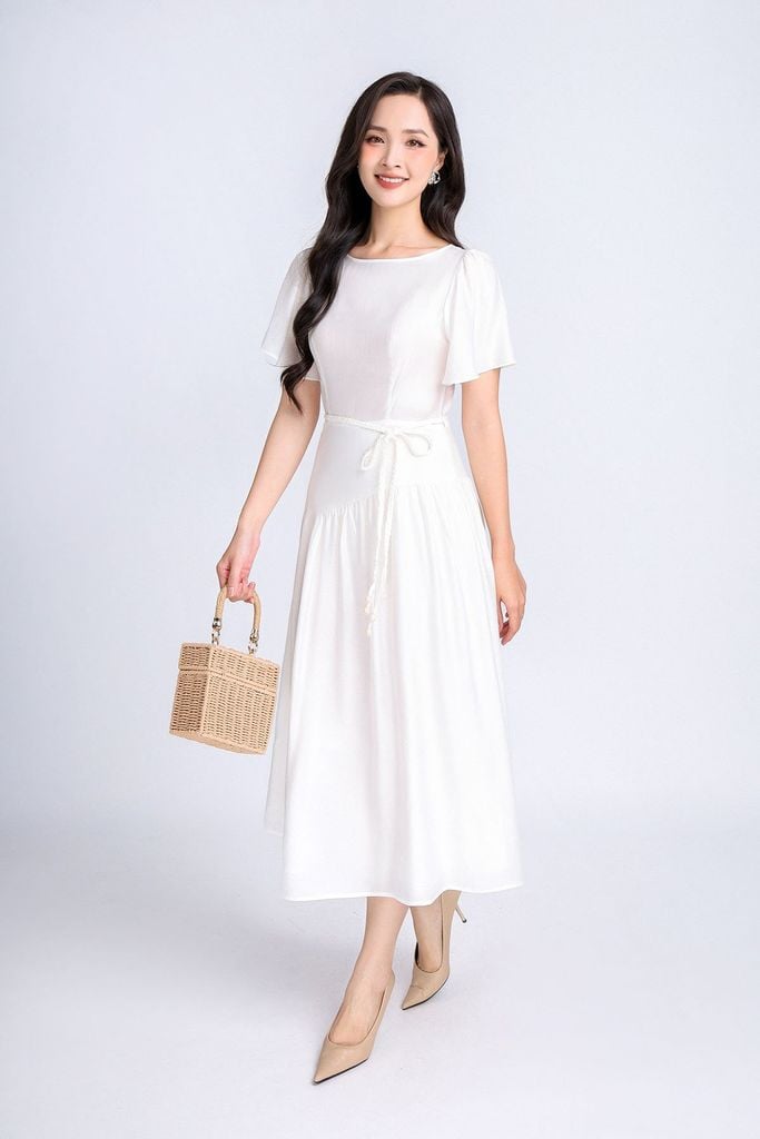 FDP33314 - Đầm dạo phố vải tơ dáng xoè có lót vải habutai cổ tròn tay cánh tiên vạt lệch tạo kiểu kèm đai tết trang trí khoá thân sau - PANTIO