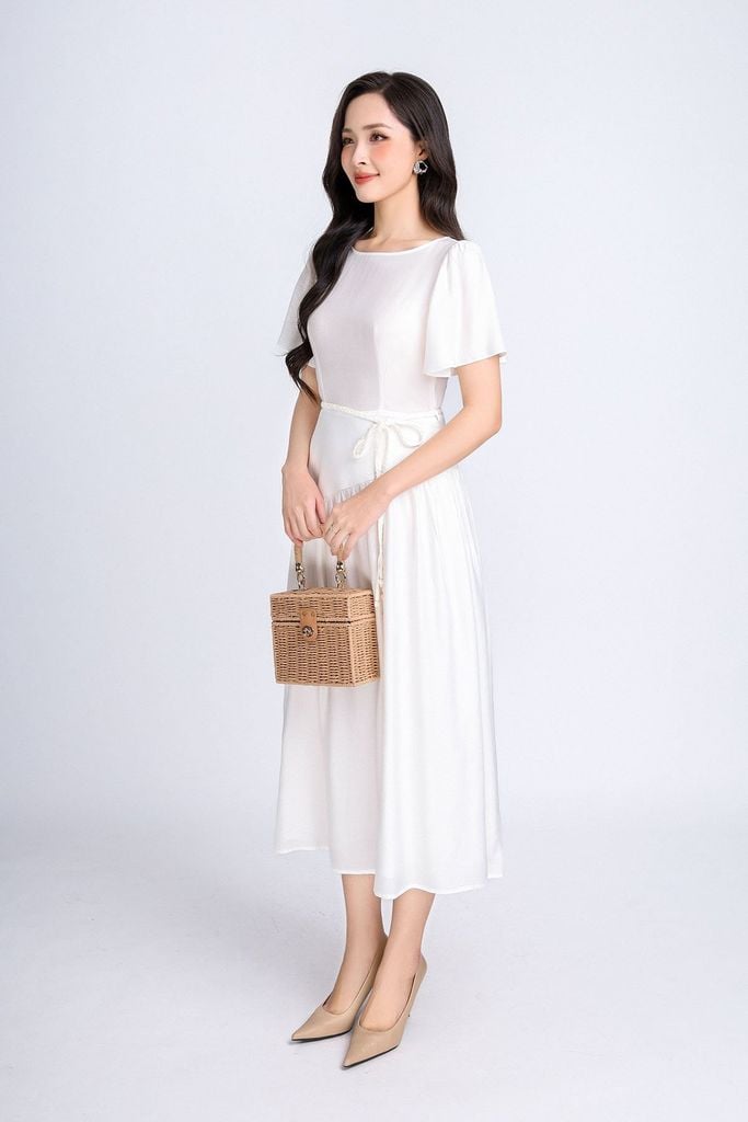 FDP33314 - Đầm dạo phố vải tơ dáng xoè có lót vải habutai cổ tròn tay cánh tiên vạt lệch tạo kiểu kèm đai tết trang trí khoá thân sau - PANTIO