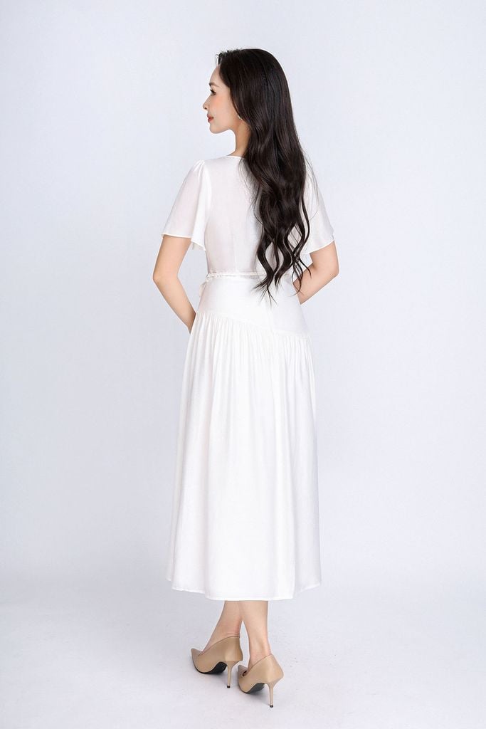 FDP33314 - Đầm dạo phố vải tơ dáng xoè có lót vải habutai cổ tròn tay cánh tiên vạt lệch tạo kiểu kèm đai tết trang trí khoá thân sau - PANTIO