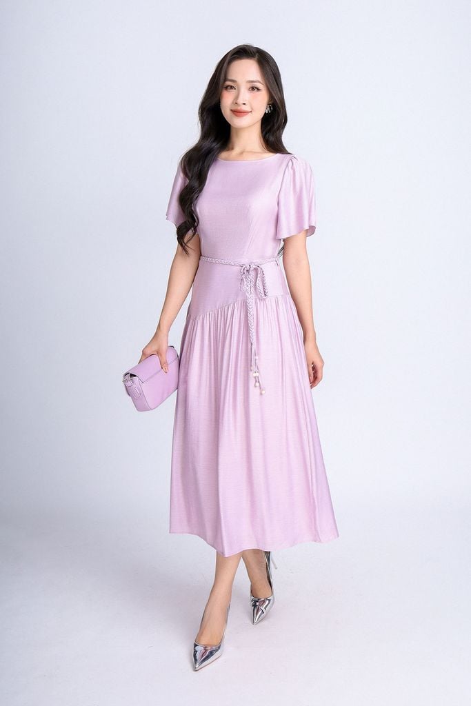 FDP33314 - Đầm dạo phố vải tơ dáng xoè có lót vải habutai cổ tròn tay cánh tiên vạt lệch tạo kiểu kèm đai tết trang trí khoá thân sau - PANTIO