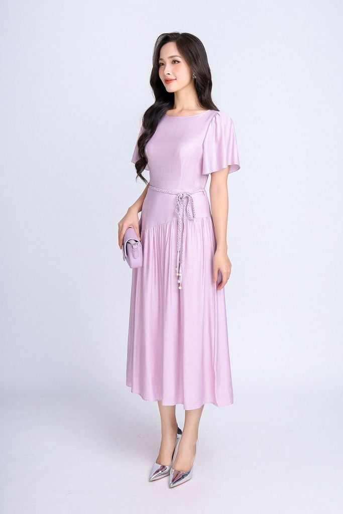 FDP33314 - Đầm dạo phố vải tơ dáng xoè có lót vải habutai cổ tròn tay cánh tiên vạt lệch tạo kiểu kèm đai tết trang trí khoá thân sau - PANTIO