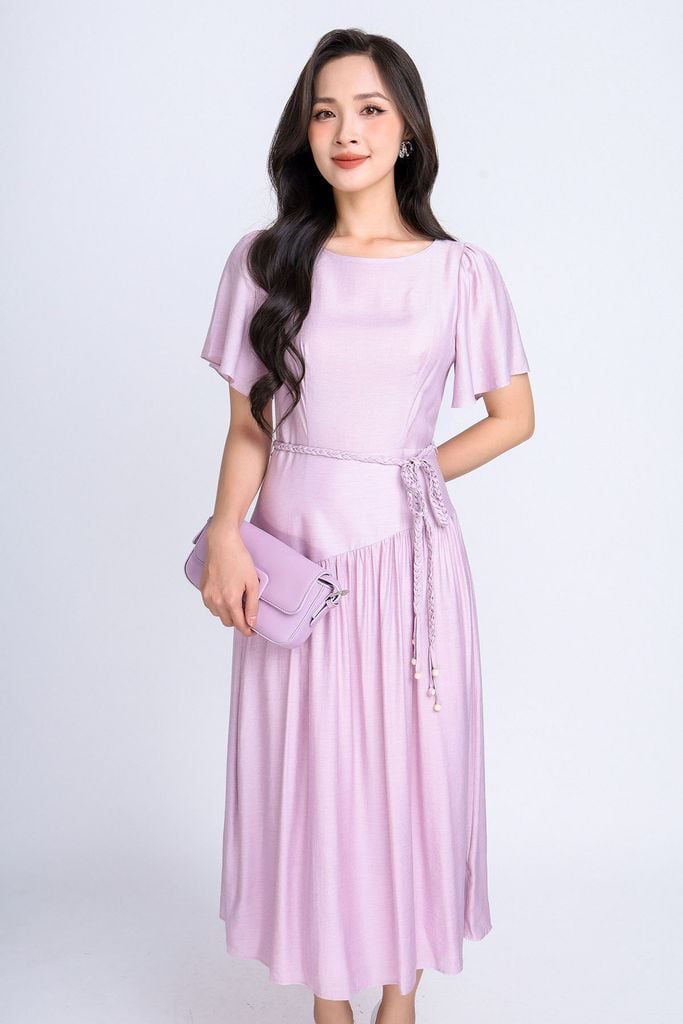 FDP33314 - Đầm dạo phố vải tơ dáng xoè có lót vải habutai cổ tròn tay cánh tiên vạt lệch tạo kiểu kèm đai tết trang trí khoá thân sau - PANTIO