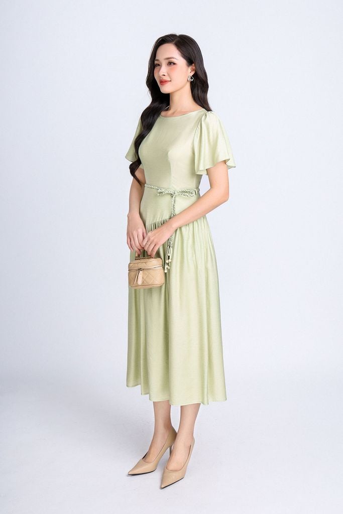 FDP33314 - Đầm dạo phố vải tơ dáng xoè có lót vải habutai cổ tròn tay cánh tiên vạt lệch tạo kiểu kèm đai tết trang trí khoá thân sau - PANTIO
