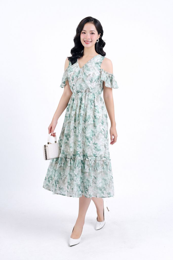 FDP33315 - Đầm dạo phố vải tơ hoa hai lớp lót habutai dáng suông cổ chữ V tay trễ vai eo bo chun gấu váy nhún xếp tầng tạo kiểu - PANTIO