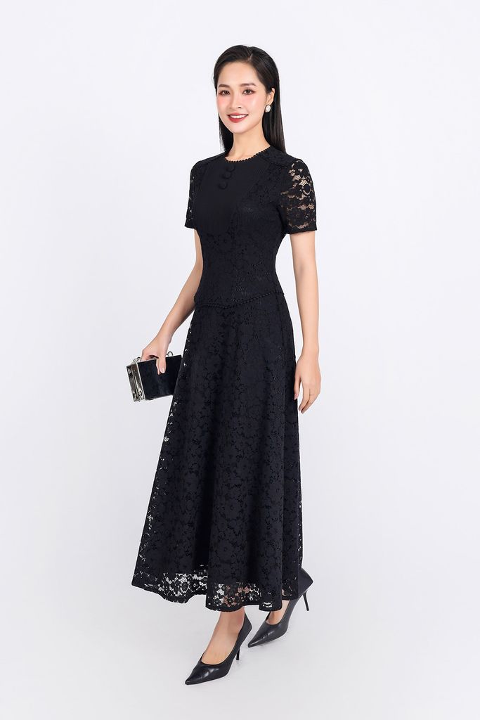 FDP33331 - Đầm công sở hai lớp vải phi cát phối ren hoa dáng suông cổ tròn đính khuy đá tay ngắn khóa thân sau - PANTIO