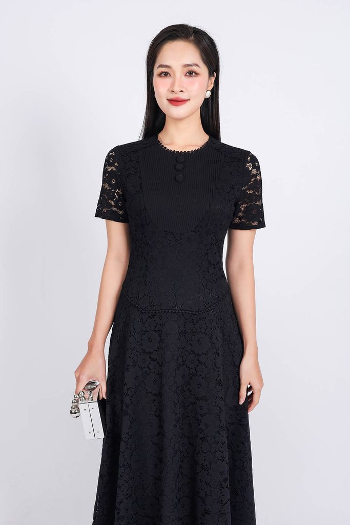 FDP33331 - Đầm công sở hai lớp vải phi cát phối ren hoa dáng suông cổ tròn đính khuy đá tay ngắn khóa thân sau - PANTIO