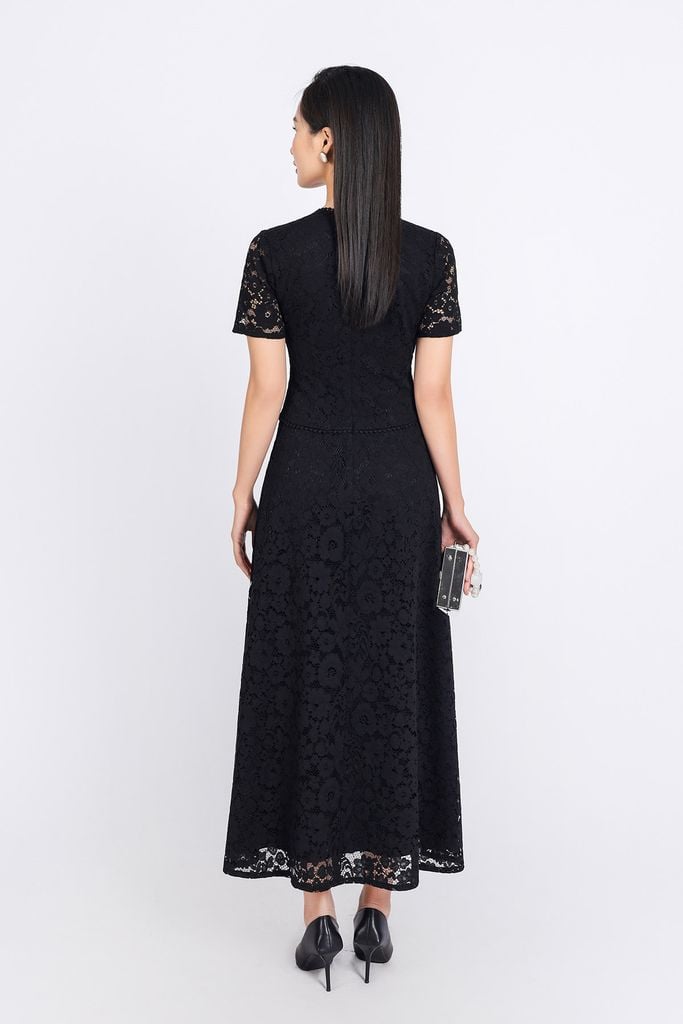 FDP33331 - Đầm công sở hai lớp vải phi cát phối ren hoa dáng suông cổ tròn đính khuy đá tay ngắn khóa thân sau - PANTIO