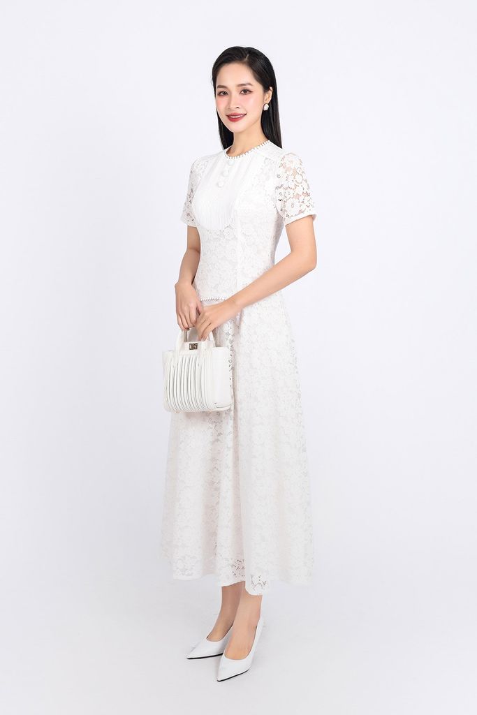 FDP33331 - Đầm công sở hai lớp vải phi cát phối ren hoa dáng suông cổ tròn đính khuy đá tay ngắn khóa thân sau - PANTIO