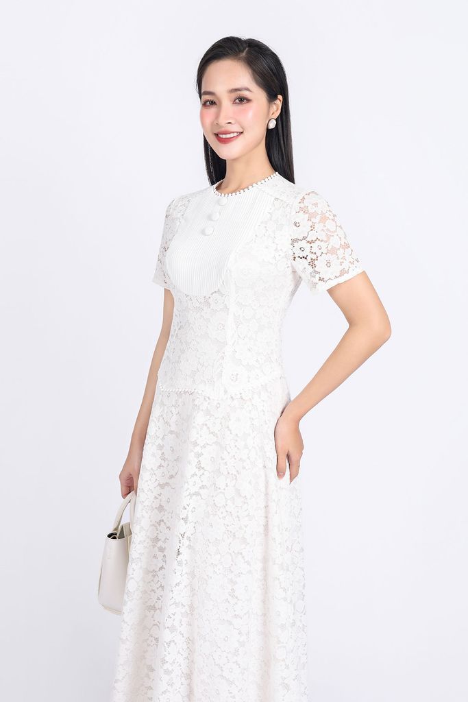 FDP33331 - Đầm công sở hai lớp vải phi cát phối ren hoa dáng suông cổ tròn đính khuy đá tay ngắn khóa thân sau - PANTIO