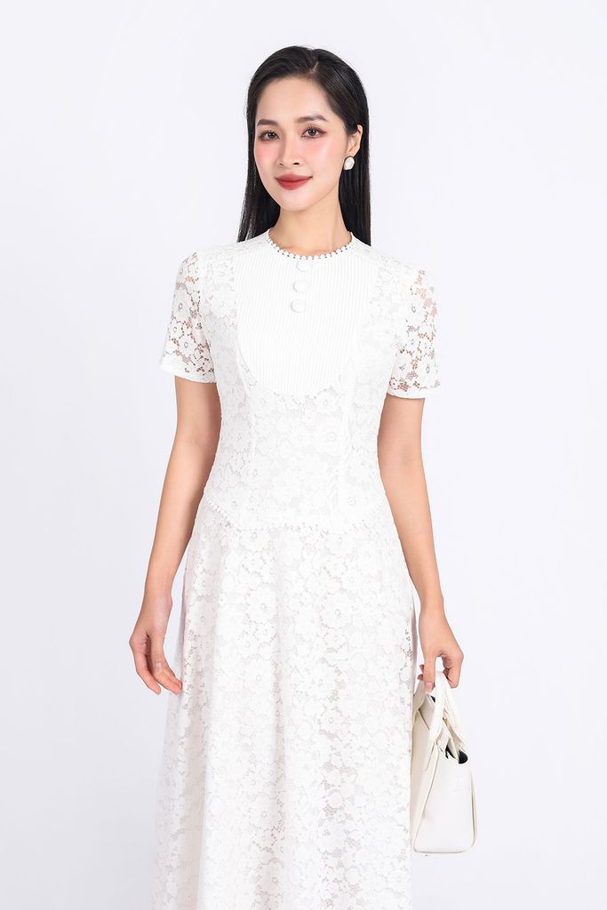 FDP33331 - Đầm công sở hai lớp vải phi cát phối ren hoa dáng suông cổ tròn đính khuy đá tay ngắn khóa thân sau - PANTIO