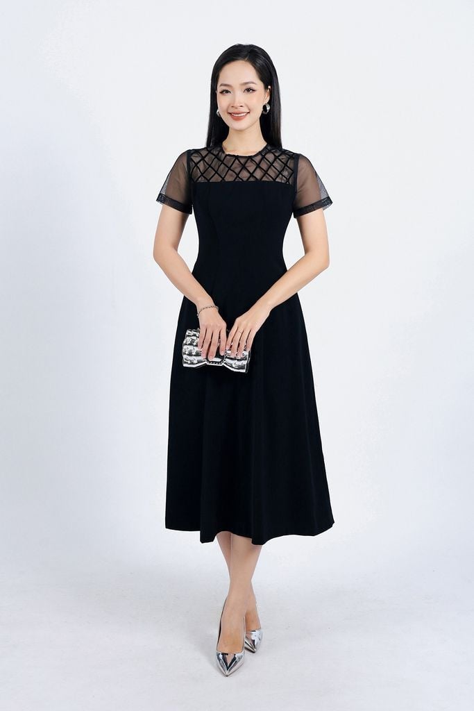 FDP33337 - Đầm dạo phố vải thô dày dáng suông cổ tròn phối vải lưới tạo kiểu khoá thân sau - PANTIO