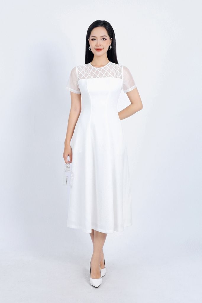 FDP33337 - Đầm dạo phố vải thô dày dáng suông cổ tròn phối vải lưới tạo kiểu khoá thân sau - PANTIO