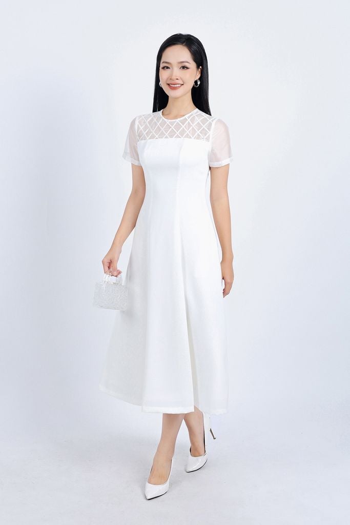 FDP33337 - Đầm dạo phố vải thô dày dáng suông cổ tròn phối vải lưới tạo kiểu khoá thân sau - PANTIO