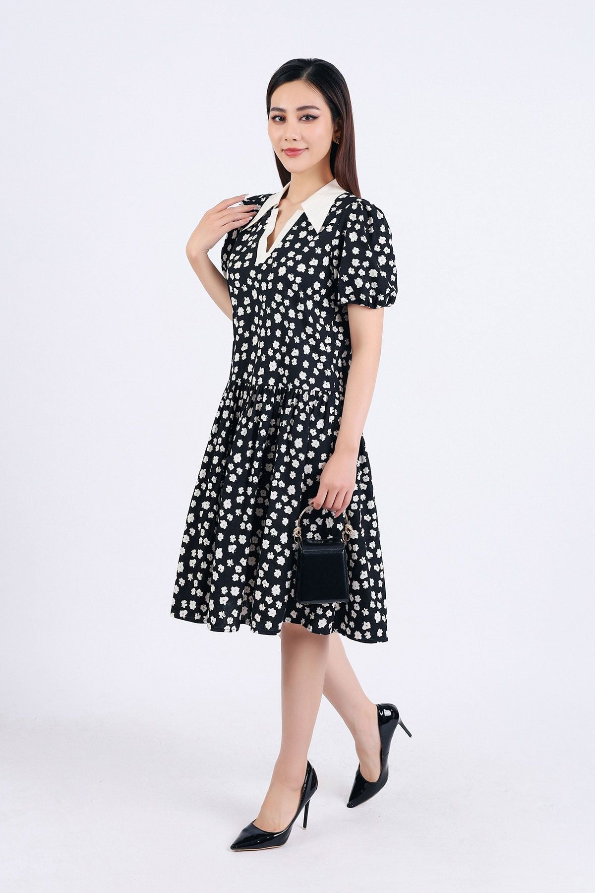 FDP33339 - Đầm dạo phố vải thô kate dáng suông cổ đức xẻ chữ V tay bồng thân váy nhún tầng tạo kiểu - PANTIO