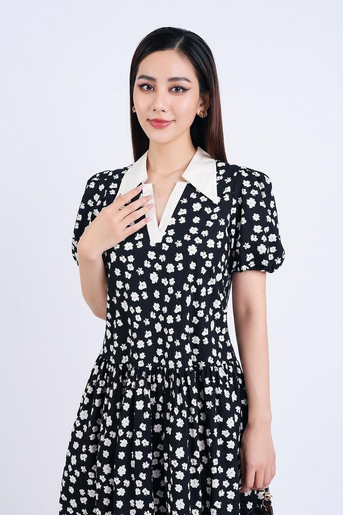 FDP33339 - Đầm dạo phố vải thô kate dáng suông cổ đức xẻ chữ V tay bồng thân váy nhún tầng tạo kiểu - PANTIO