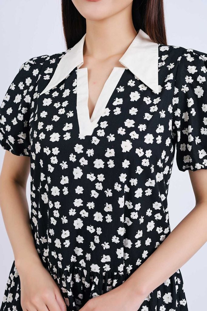 FDP33339 - Đầm dạo phố vải thô kate dáng suông cổ đức xẻ chữ V tay bồng thân váy nhún tầng tạo kiểu - PANTIO