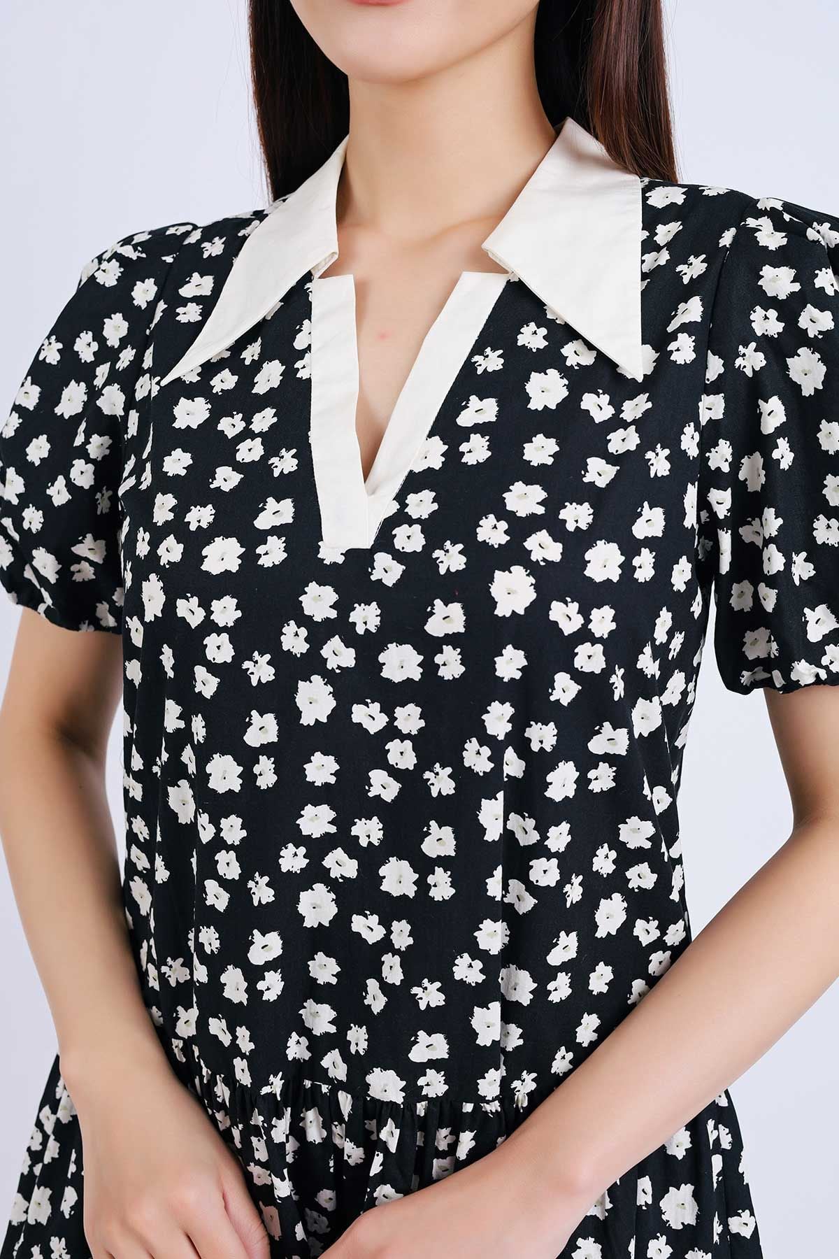 FDP33339 - Đầm dạo phố vải thô kate dáng suông cổ đức xẻ chữ V tay bồng thân váy nhún tầng tạo kiểu - PANTIO