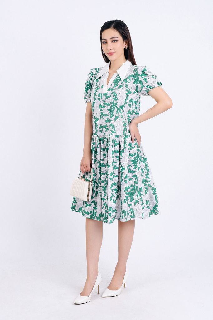 FDP33339 - Đầm dạo phố vải thô kate dáng suông cổ đức xẻ chữ V tay bồng thân váy nhún tầng tạo kiểu - PANTIO