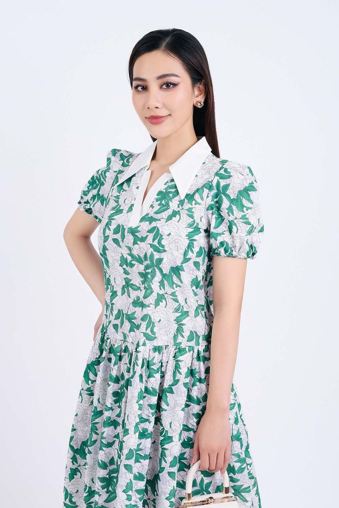 FDP33339 - Đầm dạo phố vải thô kate dáng suông cổ đức xẻ chữ V tay bồng thân váy nhún tầng tạo kiểu - PANTIO