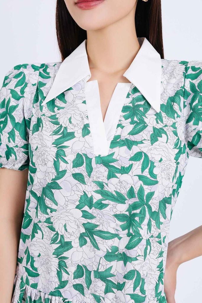 FDP33339 - Đầm dạo phố vải thô kate dáng suông cổ đức xẻ chữ V tay bồng thân váy nhún tầng tạo kiểu - PANTIO