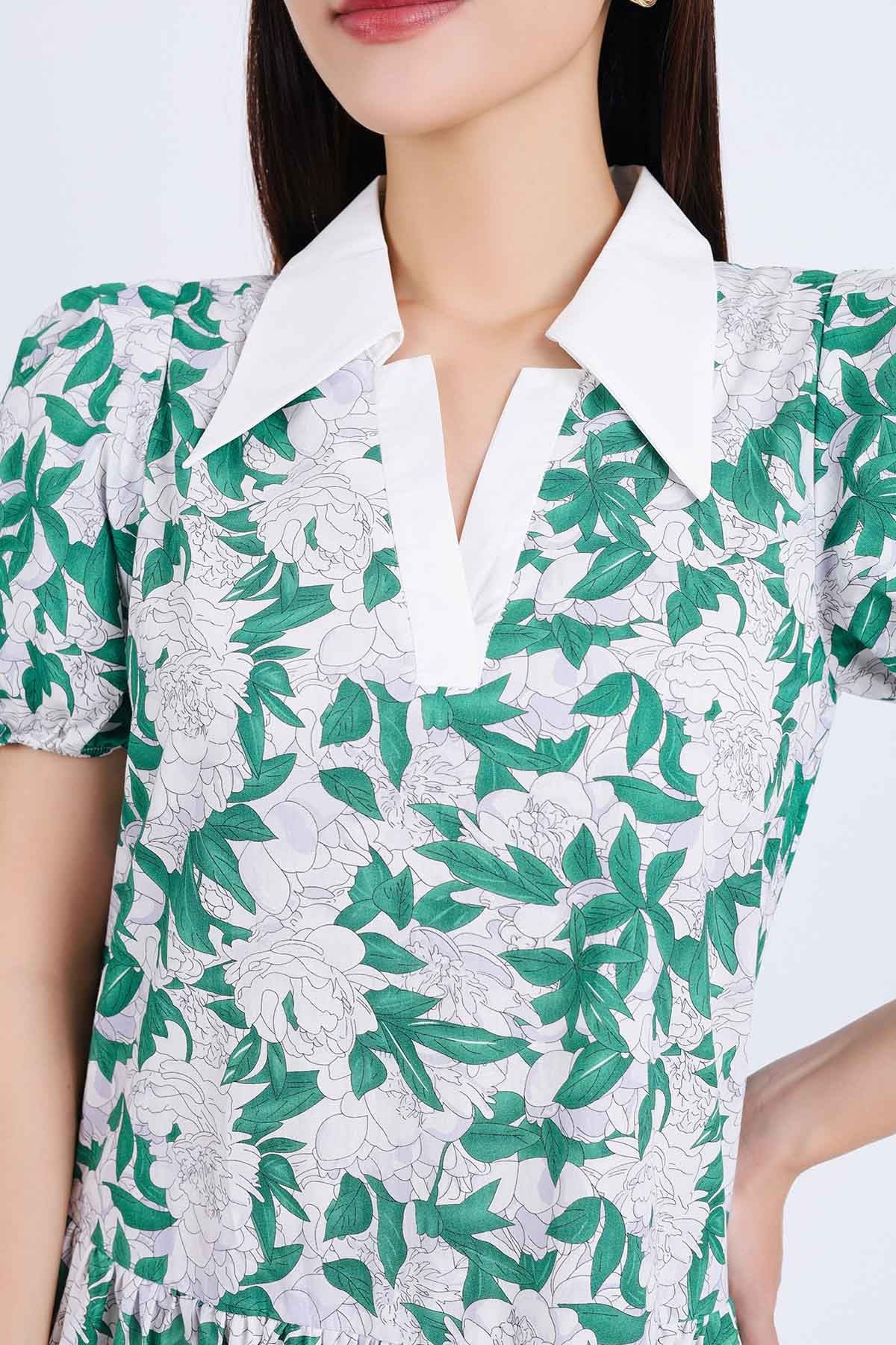 FDP33339 - Đầm dạo phố vải thô kate dáng suông cổ đức xẻ chữ V tay bồng thân váy nhún tầng tạo kiểu - PANTIO