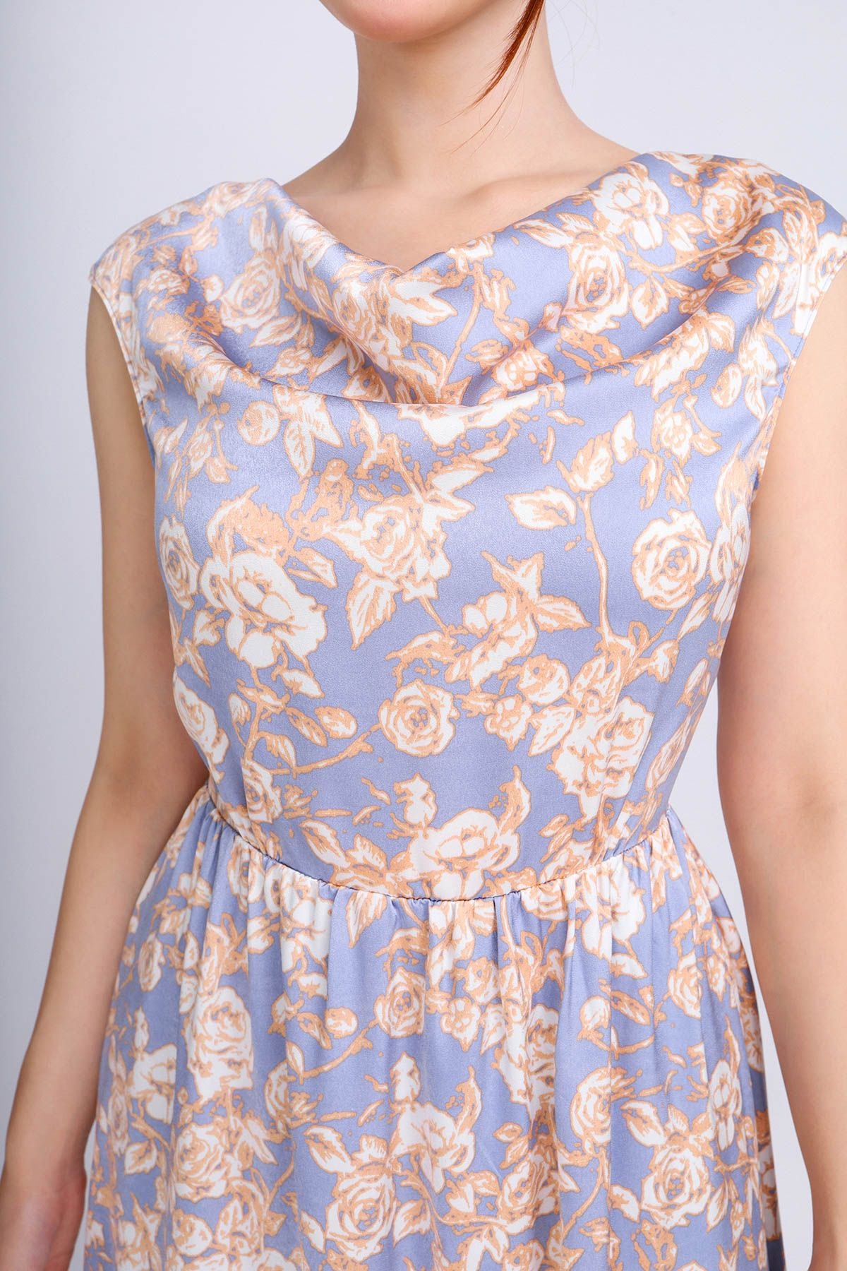 FDP33340 - Đầm dạo phố vải lụa tằm dáng xoè có lót habutai cổ đổ vai chờm eo nhún khoá thân sau - PANTIO