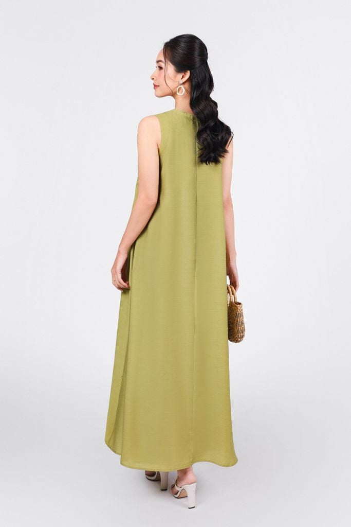 FDP33381 - Đầm dạo phố vải tơ dáng suông cổ tròn đính dây nơ ngực xếp ly tạo kiểu - PANTIO