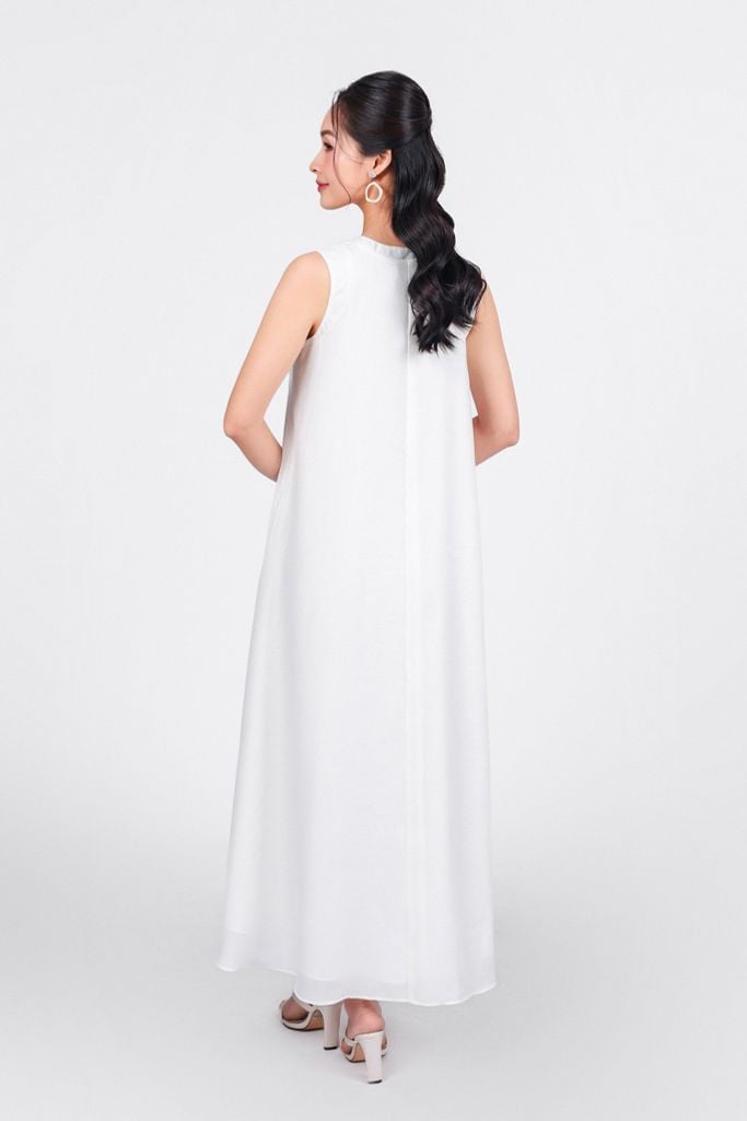 FDP33381 - Đầm dạo phố vải tơ dáng suông cổ tròn đính dây nơ ngực xếp ly tạo kiểu - PANTIO